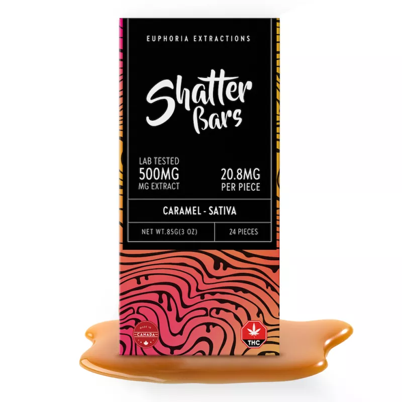 Euphoria Extractions Shatter Bars 500mg, Caramel Sativa flavor, cannabis-infused chocolate packaging.