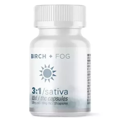 CBD/THC capsules with 30mg CBD and 10mg THC by BIRCH + FOG.