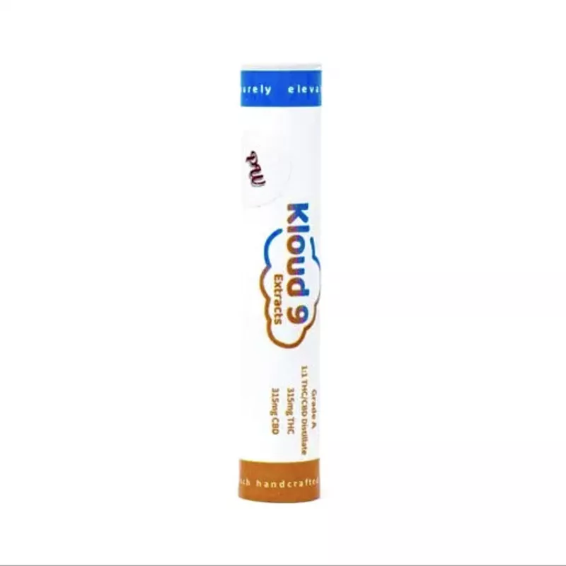 Kloud 9 Extracts Creme Caramel vape cartridge with balanced 315mg THC/CBD.