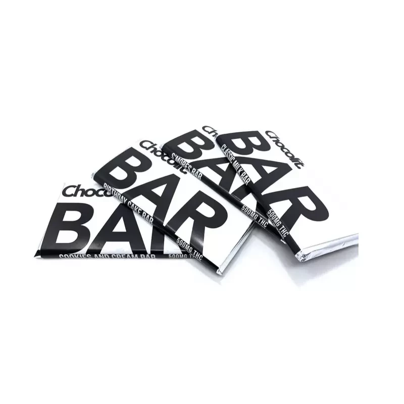 500mg THC-infused chocolate bar wrappers with bold black and white design.