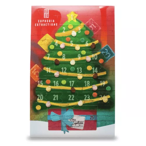 Colorful advent calendar shaped like a christmas tree, with numbered doors and a gift box.