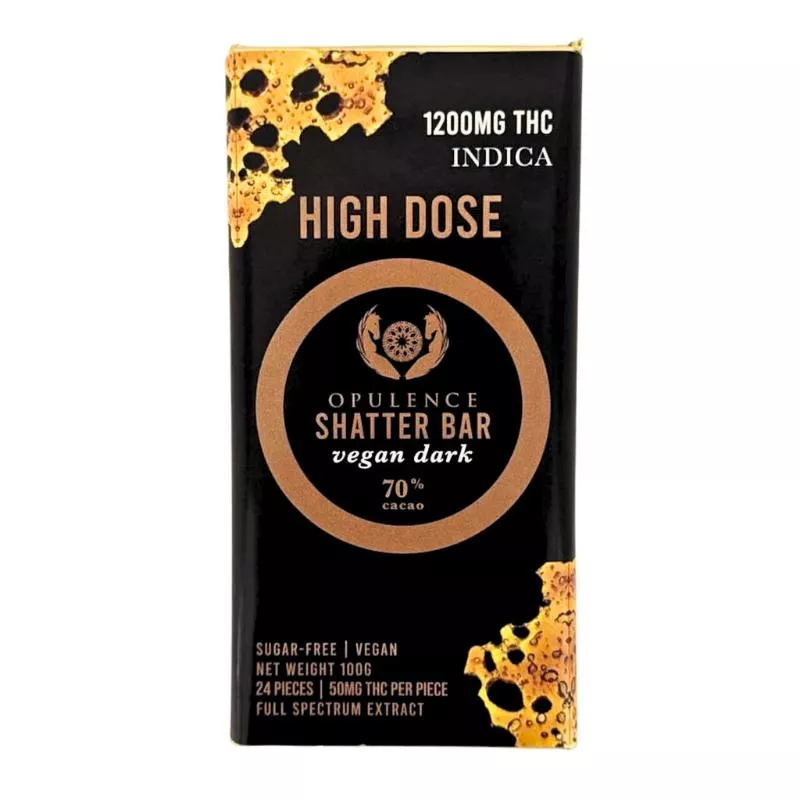 Luxury THC-infused vegan chocolate bar, 1200mg Indica, sugar-free, high-dose with floral emblem.