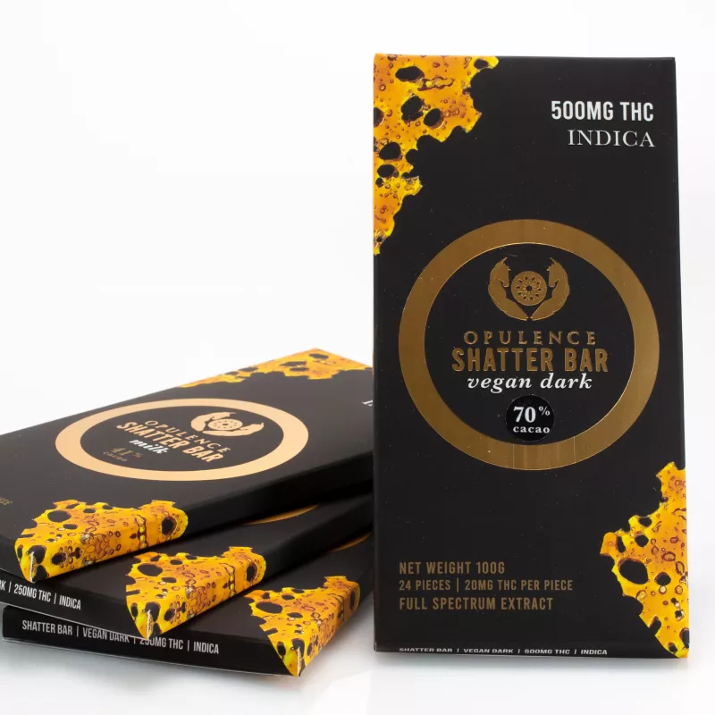 Opulence Shatter Bar: 500MG THC, Indica, vegan dark chocolate, luxury cannabis treat.