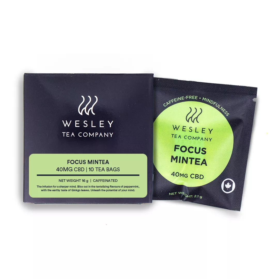 Wesley tea company packaging with green and black colors, containing tea bags for focus mintea.