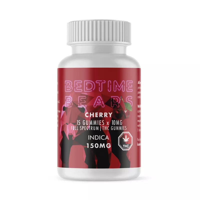 Cherry-flavored Bedtime Bears Indica THC gummies, 150mg total, 10mg per dose.