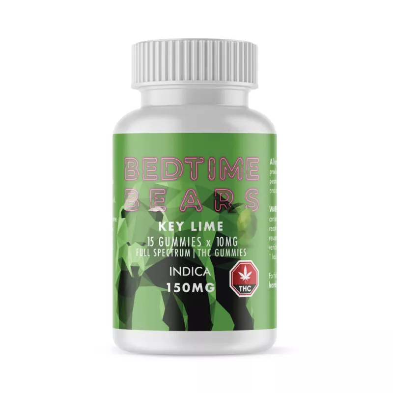 Key Lime flavored Indica Bedtime Bears with 150mg Full Spectrum THC for sleep aid.