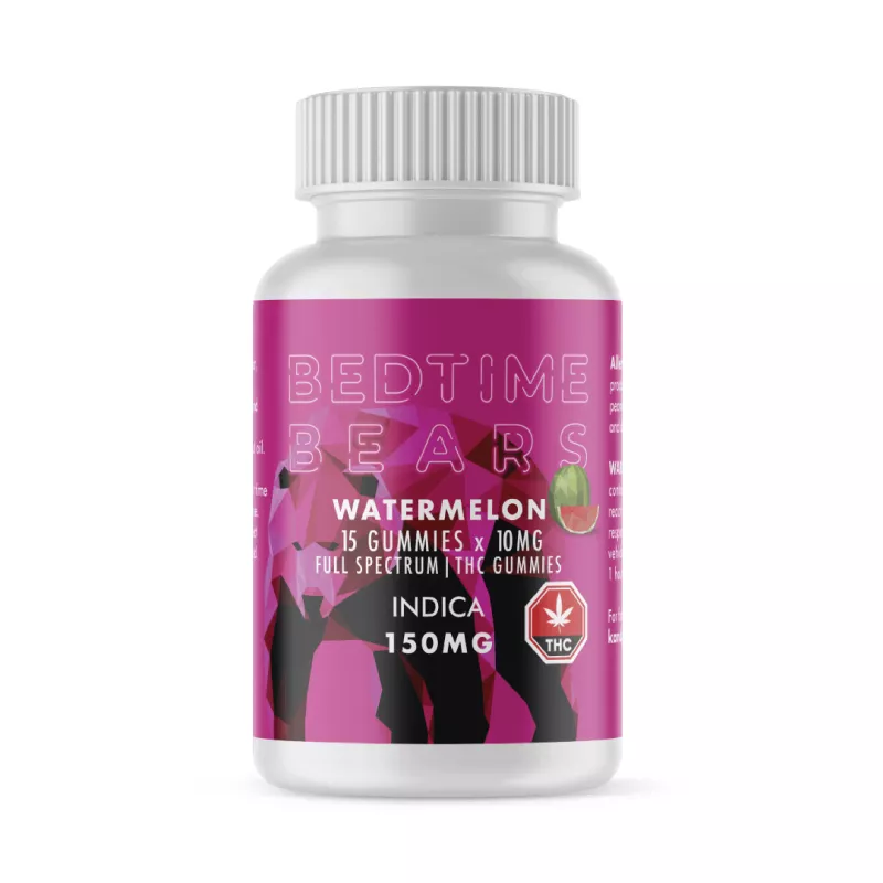 Watermelon flavored Bedtime Bears with 150mg Indica THC for sleep aid and relaxation.