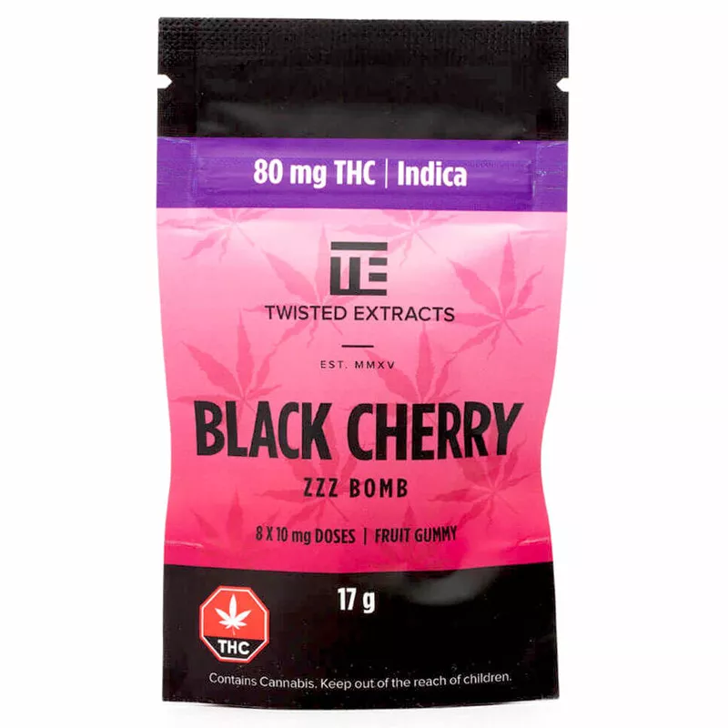 Twisted Extracts Black Cherry ZZZ Bomb: 80mg THC Indica Gummy with cannabis packaging design.