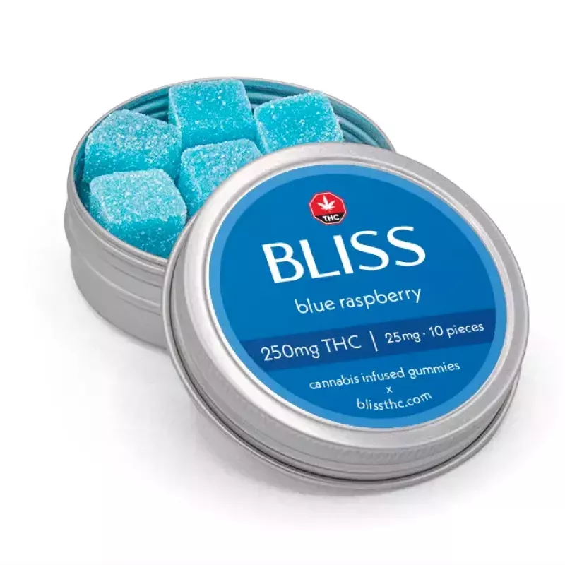 Blue raspberry THC gummies in a silver tin, cannabis-infused, 250mg total, Bliss brand.