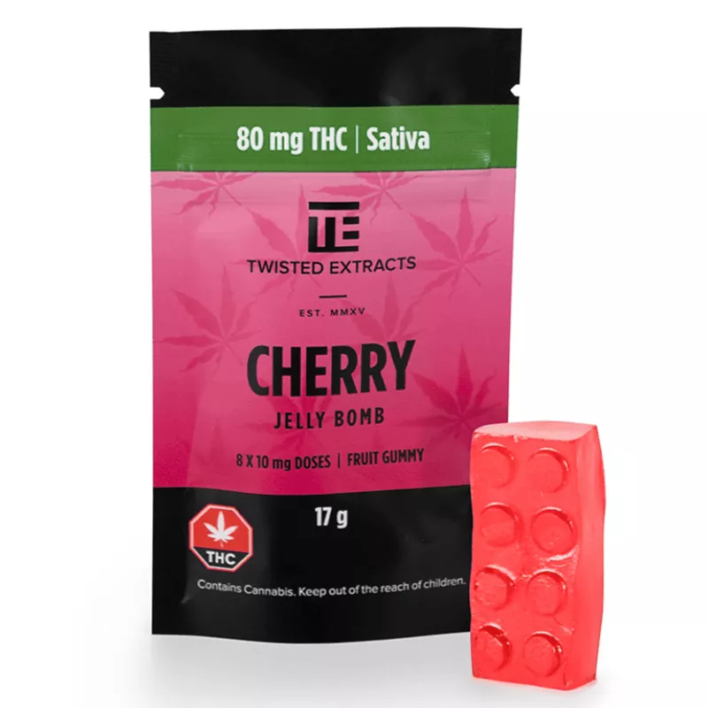 Cherry Jelly Bomb THC Gummies: 80 mg Sativa, vibrant design, cherry flavor, cannabis-infused edible.