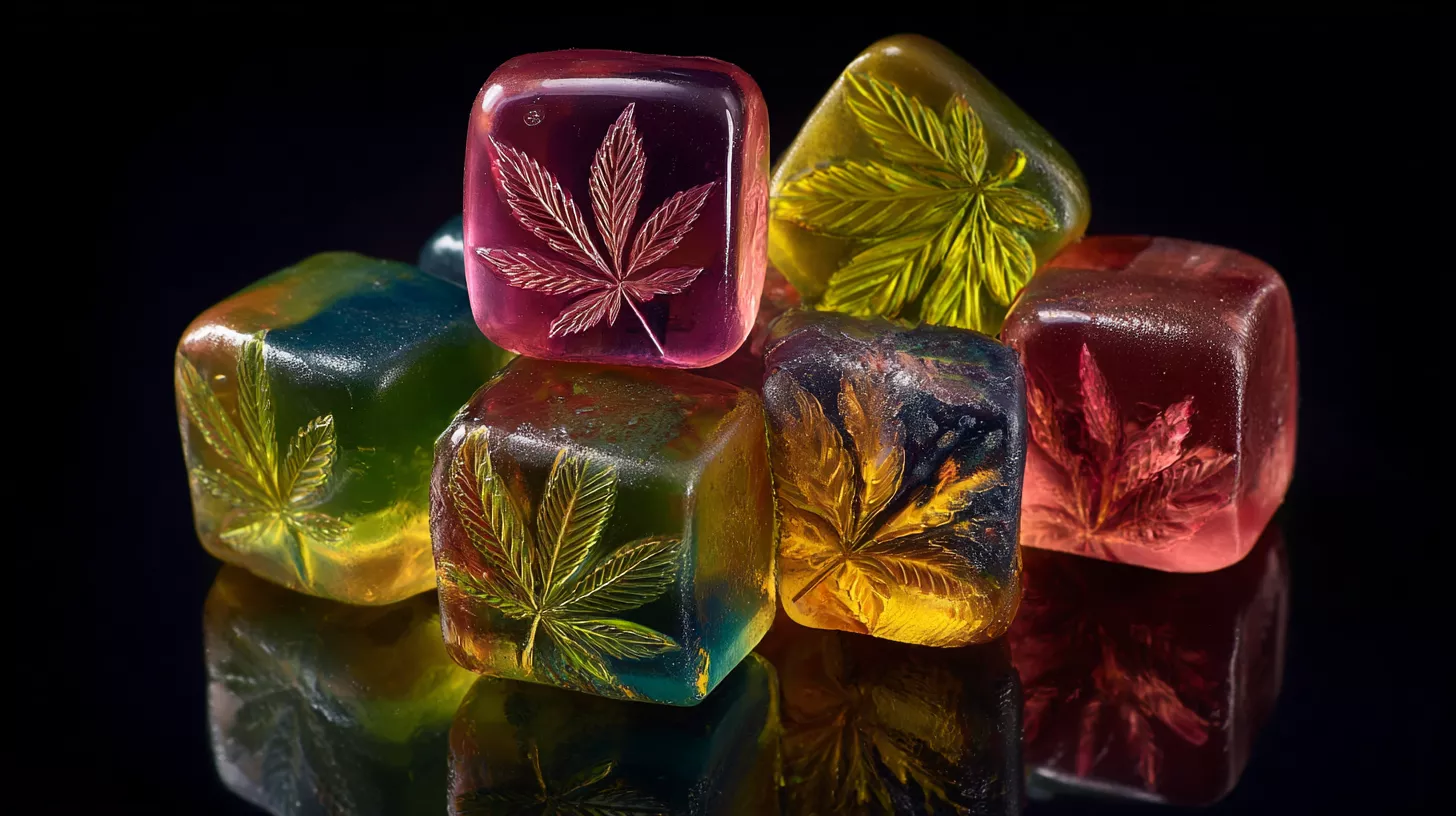 Colorful translucent cubes with leaf engravings, set against a dark background.