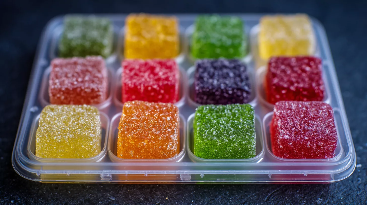 Colorful gummy candies arranged in a clear container on a dark surface.