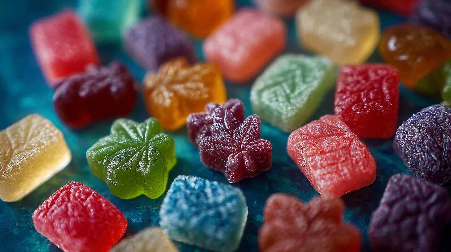Colorful gummy candies in various shapes scattered on a blue surface.