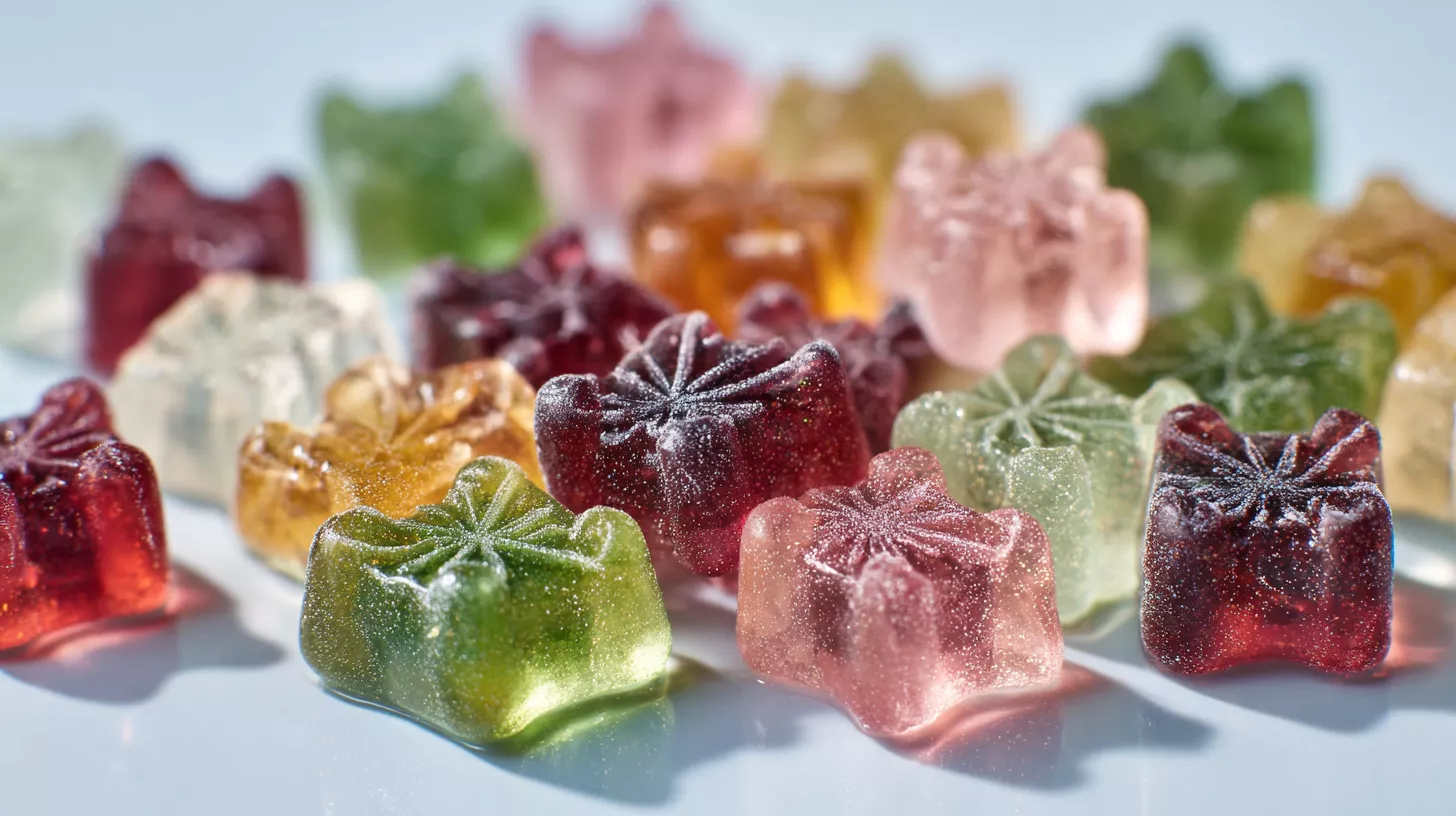 Colorful gummy candies scattered on a white surface.