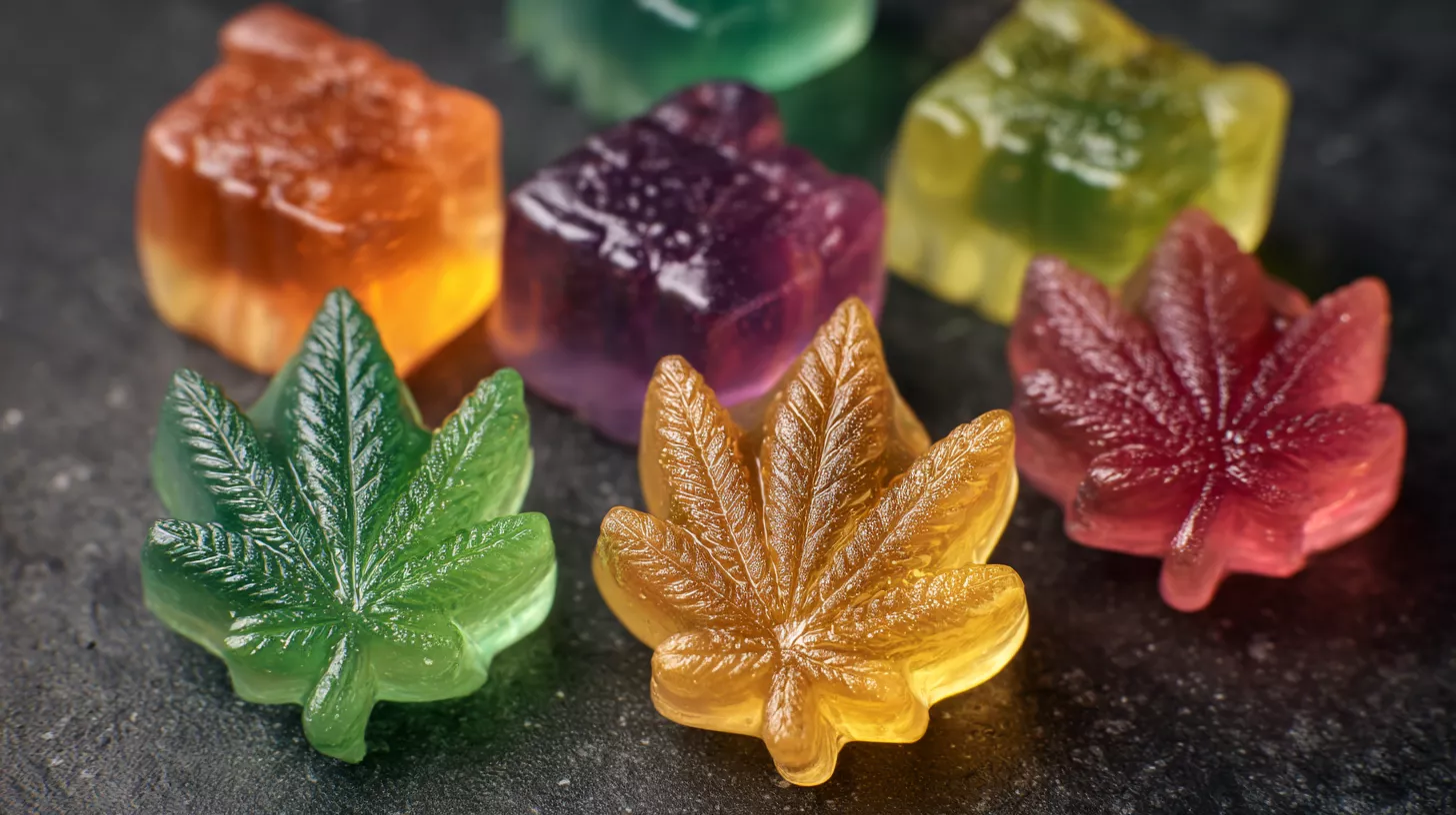 Colorful gummy candies shaped like leaves on a dark surface.