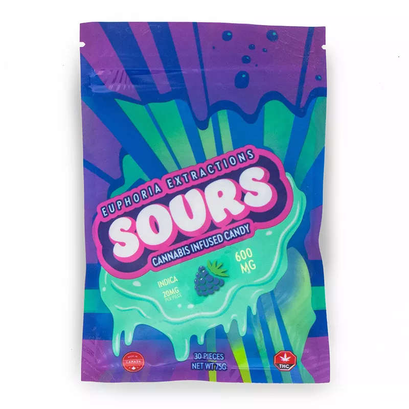 Cannabis-infused candy with vibrant design by Euphoria Extractions, 600mg Indica, blackberry flavor.