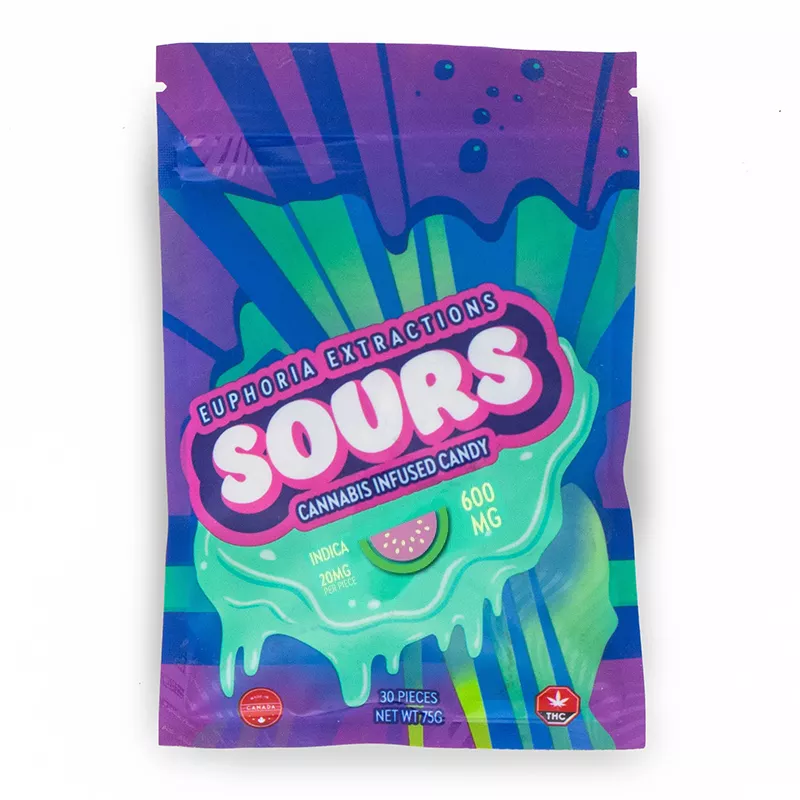 Colorful packaging of Euphoria Extractions Sours 600mg cannabis-infused candy.