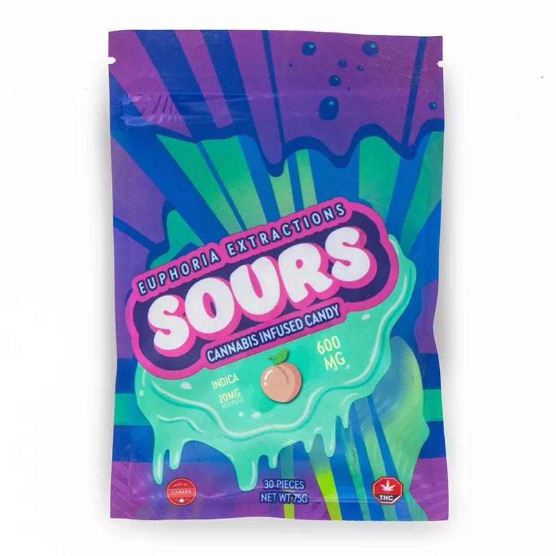 Euphoria Extractions Sours cannabis-infused candy packaging, colorful design, 600mg Indica.