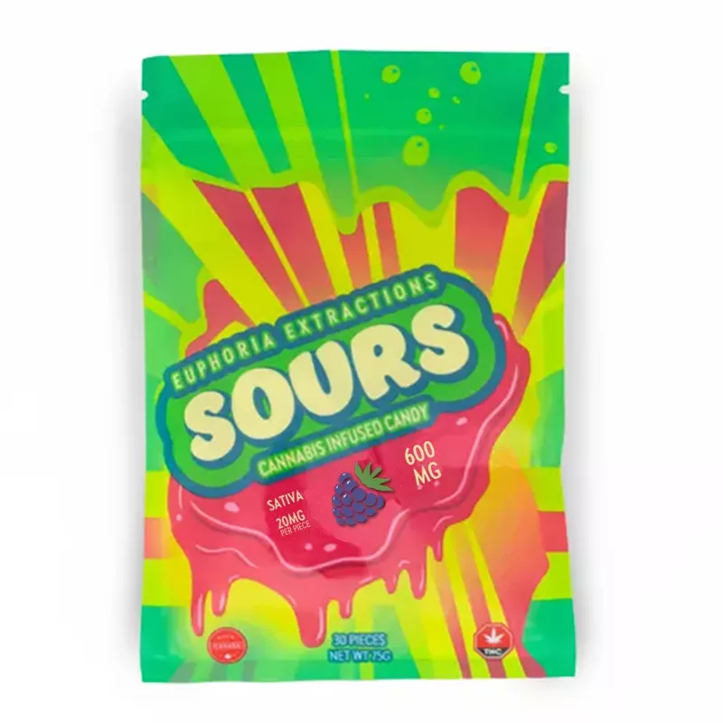 Euphoria Extractions Sours cannabis candy, vibrant packaging with 600mg sativa dosage.