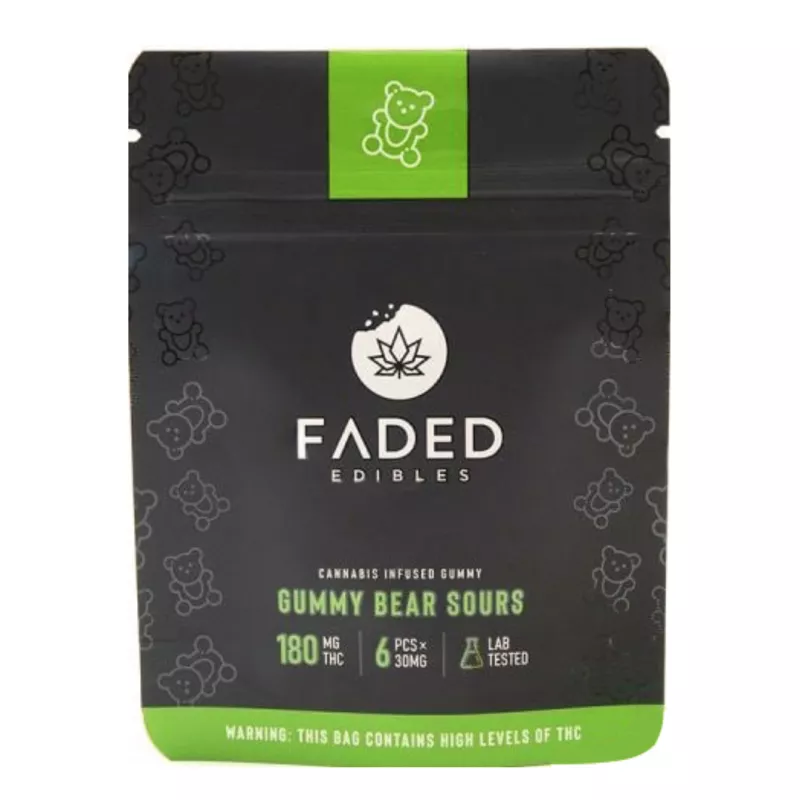 Faded Edibles 180mg THC sour gummy bears, lab-tested with potency warning.