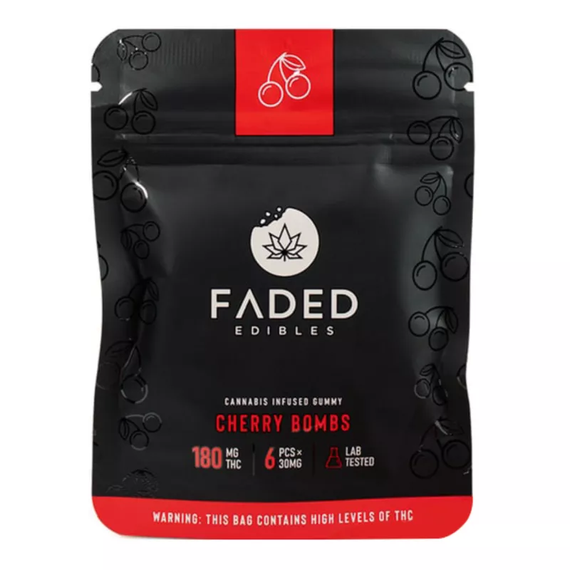 FADED Cherry Bombs Gummies, 180mg THC, Lab Tested with Dosage and Warning Info