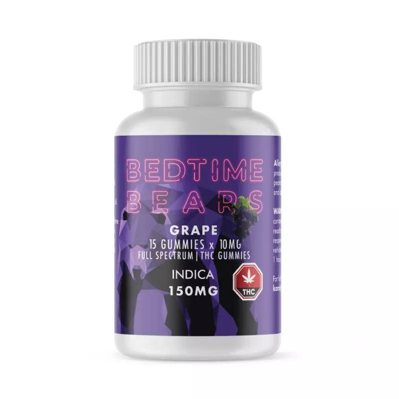 Grape-flavored Indica Bedtime Bears with 150mg full-spectrum THC for sleep.