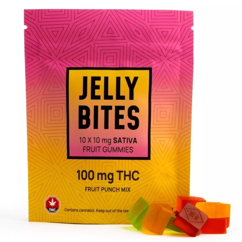 Jelly Bites: 100mg THC Sativa Fruit Gummies in vibrant packaging, fruit punch flavor.