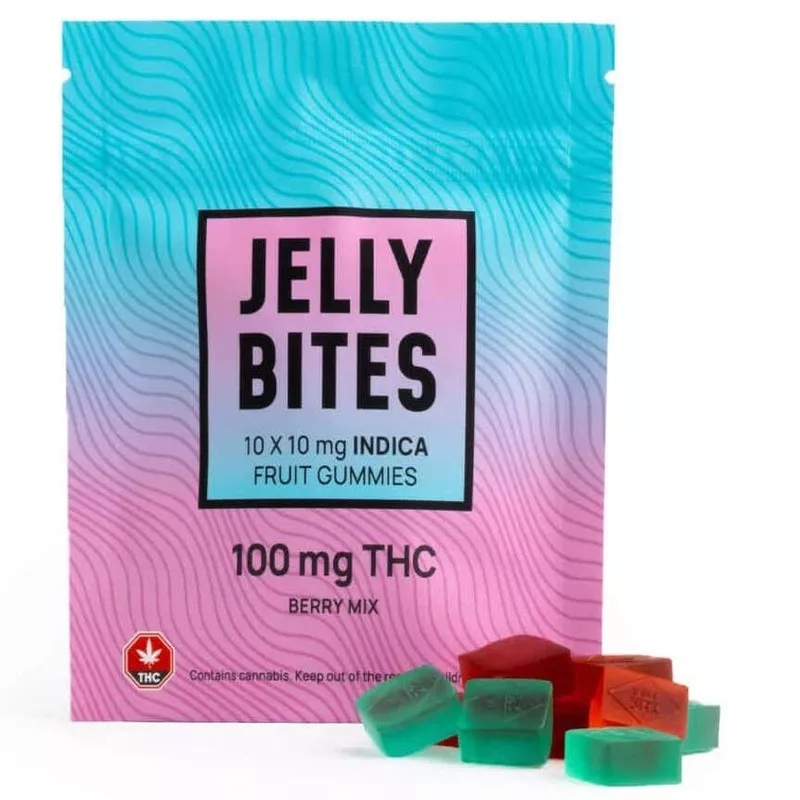 Colorful THC-Infused Indica Jelly Gummies, Berry Mix Flavor, 100 mg Total, Vibrant Packaging.