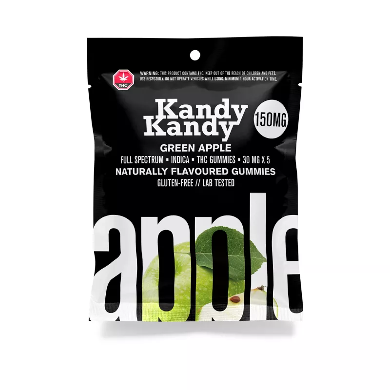Kandy Kandy Green Apple Indica Gummies, 150mg THC, Full Spectrum, Gluten-Free.