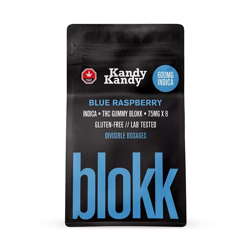 Kandy Kandy Indica Blue Raspberry THC Gummies, 600mg, Gluten-Free.