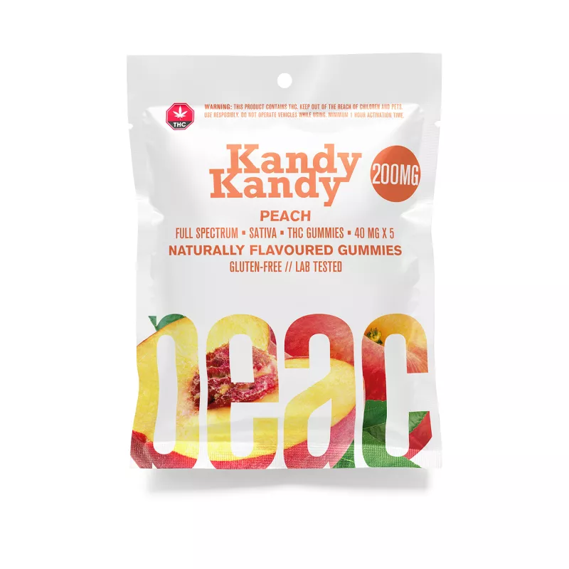 Kandy Kandy 200mg Peach-flavored Sativa THC Gummies, Gluten-Free and Lab-Tested.