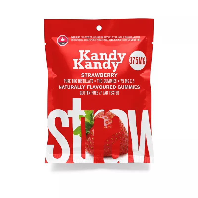 Kandy Kandy Strawberry Gummies with 375mg THC, lab-tested and gluten-free.