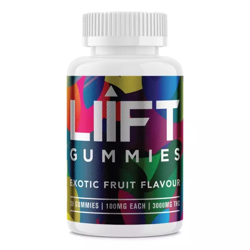 Liift Gummies Exotic Fruit THC 30ct vibrant bottle with colorful label.