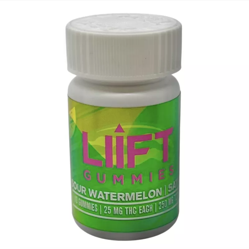 LiiFT Sour Watermelon Gummies: 10-pack with 25mg THC per gummy.