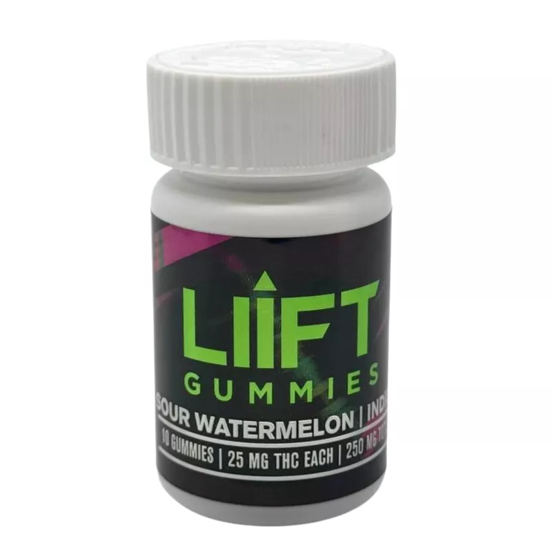 LIIIFT Sour Watermelon Indica Gummies, 250mg THC cannabis edibles, vibrant packaging.