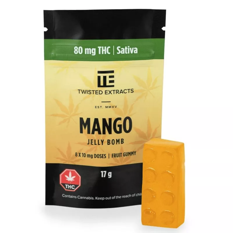 Mango Jelly Bomb cannabis gummies: 80mg THC Sativa, sleek packaging, safety warnings, single gummy outside.