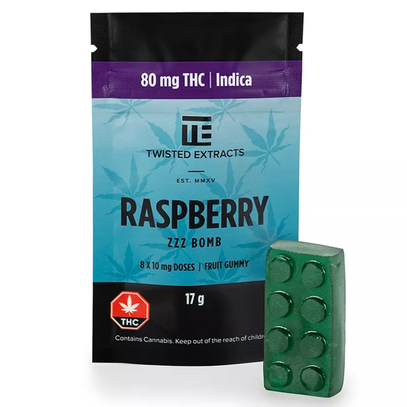 Raspberry ZZZ Bomb Gummies: 80 mg THC Indica, sleep aid, 8 doses, child safety warning.
