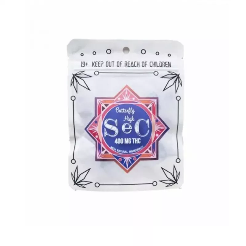High SEC 400mg THC Butterfly Gummies Package with Adult Use Caution Warning.