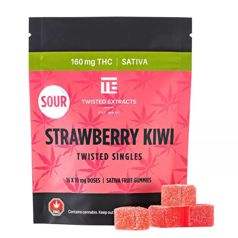 Pink package of Twisted Extracts Strawberry Kiwi Sour THC Gummies with sugar-coated orange-red cubes.
