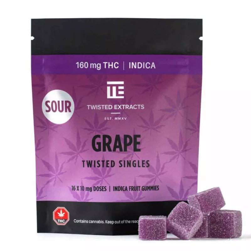 Twisted Extracts Grape Indica 160mg THC Gummies: Sour, sweet, 16x10mg doses.