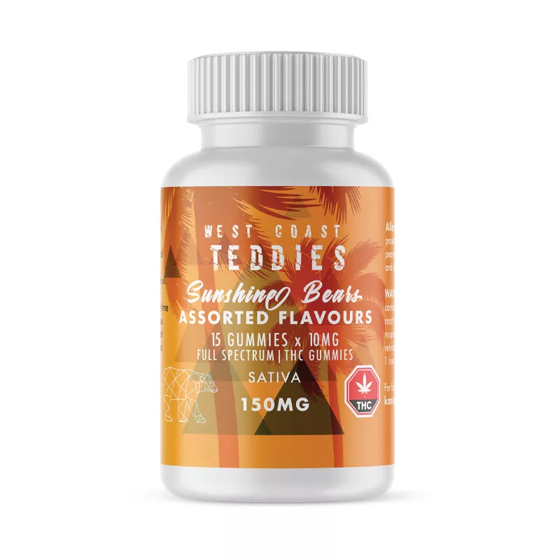 West Coast Teddies 150mg Full-Spectrum Sativa THC Gummies with Tropical Vibes.