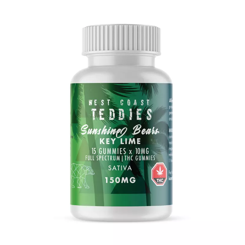West Coast Teddies Key Lime Sativa THC Gummies, 150mg total, 15-pack.