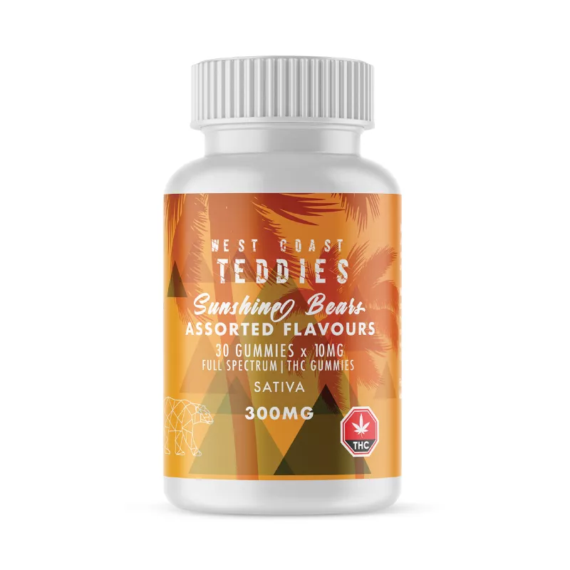 West Coast Teddies 300mg Full Spectrum Sativa THC Gummies with Tropical Design.