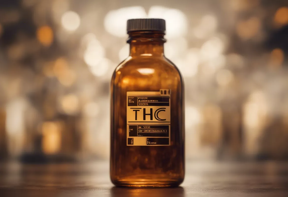 Amber glass bottle labeled THC for medicinal cannabis use.