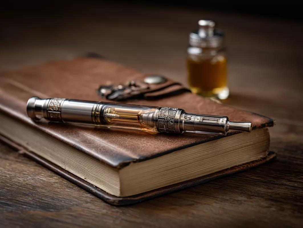 Vintage e-cigarette on leather book with glass bottle on wooden surface, blending old and new.