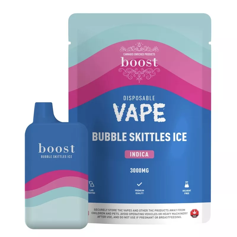 Boost Bubble Skittles Ice Disposable Vape Packaging with Cannabis, Lab Tested, 3000mg THC.