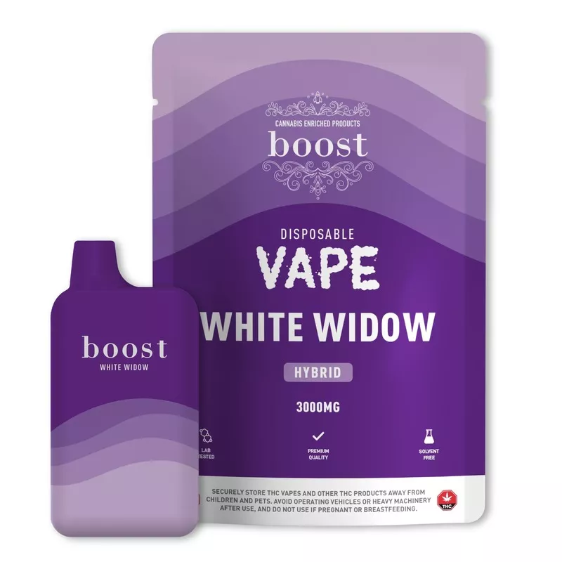 Purple Boost disposable vape packaging for cannabis-enriched hybrid White Widow, 3000MG, lab-tested, premium.