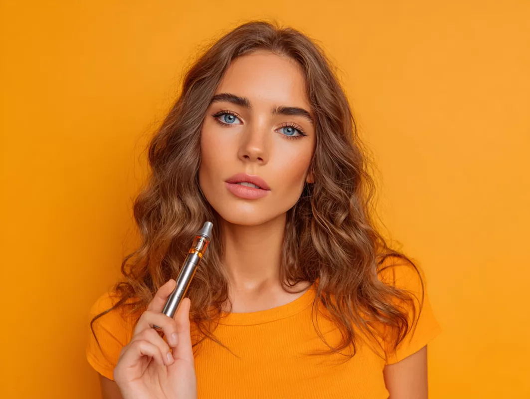 Confident woman in orange with vape pen, striking blue eyes, and flowing brown hair.
