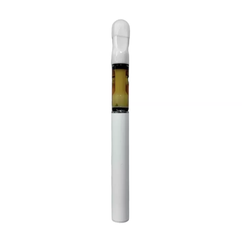 White rechargeable THC vape pen with amber liquid cartridge.