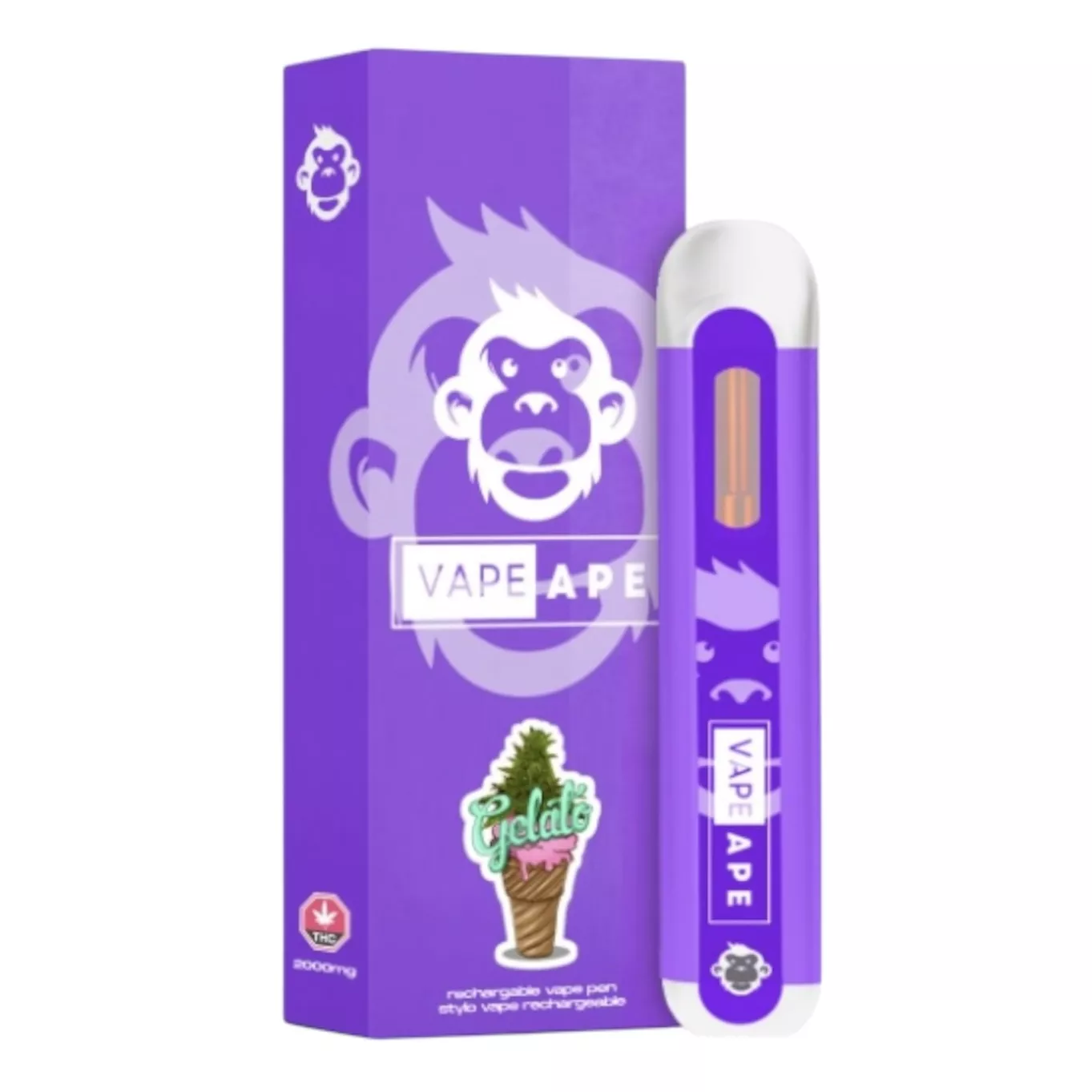 Purple vape pen with a monkey logo and ice cream illustration on the box.